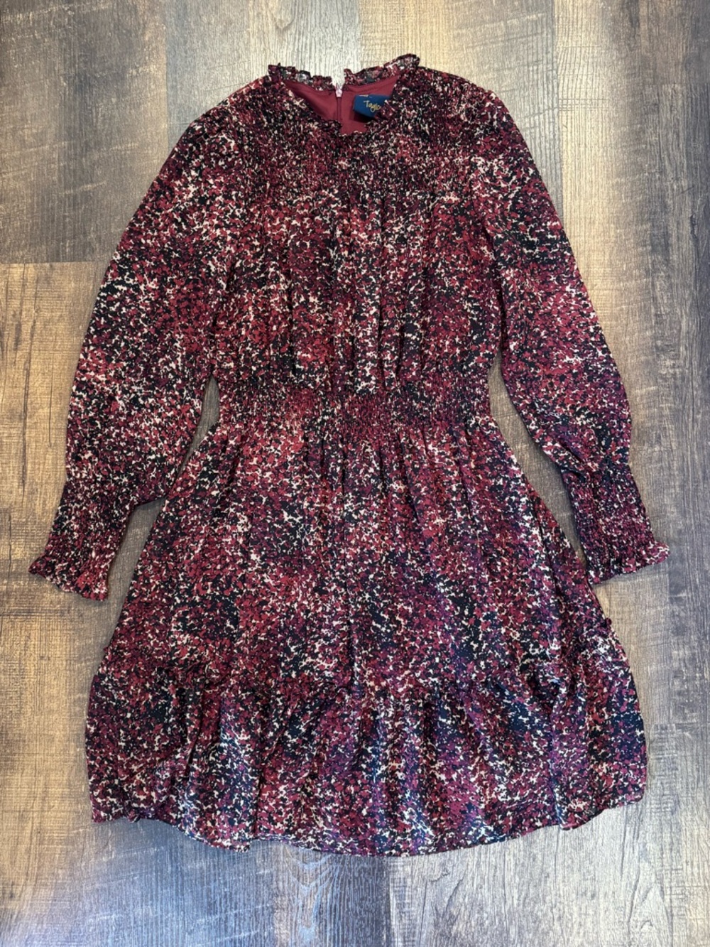 Taylor maroon paint splatter chiffon dress